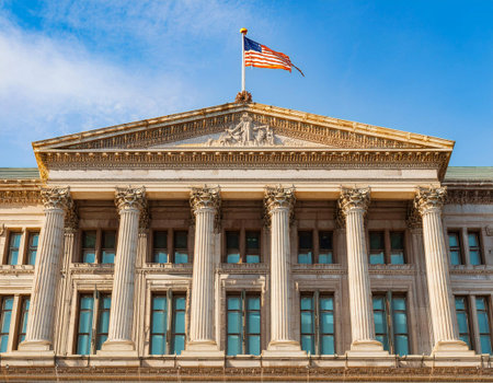 Close up image of the exterior of a government building, symbolizing political institutions, governance, and public administration.の素材