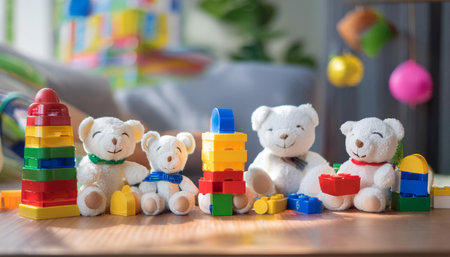 Close up image of children playing with toys, symbolizing play, learning, and childhood.の素材