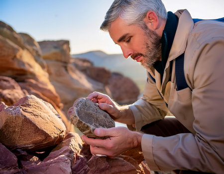 Close up image of a geologist examining rocks during an exploration expedition, illustrating geological study, fieldwork, and discovery.の素材