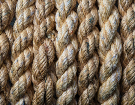 Close-up image of hemp rope with natural texture and twisted fiber, symbolizing strength, utility, and natural materials.の素材