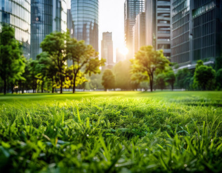 Close-up image representing green spaces in urban areas, symbolizing nature, parks, and environmental benefits.の素材