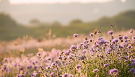 A detailed view of vibrant purple flowers growing in a field, showing the delicate petals and rich color against the green foliage.の素材