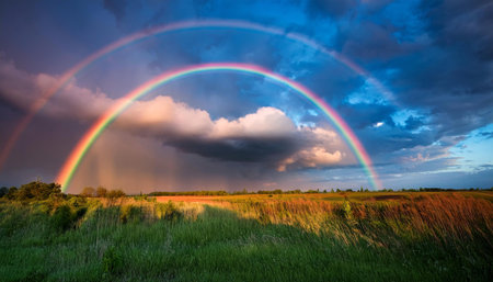 A vibrant image of colorful clouds and a rainbow in the sky after rain, capturing the beauty and freshness of the natural world.の素材