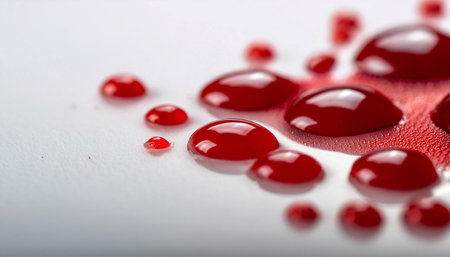Close up image of blood drops on a white surface, symbolizing health, life, and medicine.の素材