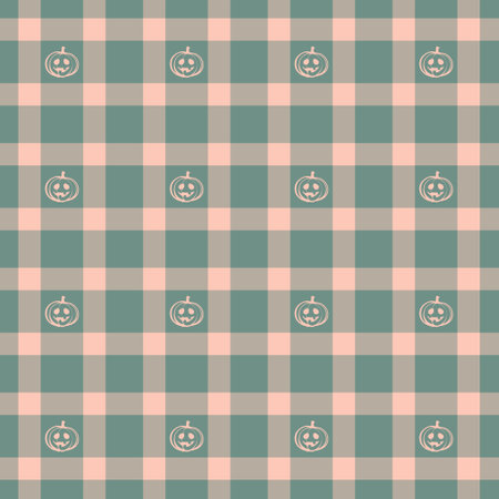 Halloween vector pattern featuring a plaid check design with pumpkins, spooky ghosts, and scary ornaments. This repeating autumn background is perfect for textile, fabric, and material prints, adding a touch of fear to party decor, greeting cards, posters, or tiled wallpapers with a unique seasonal style.のイラスト素材
