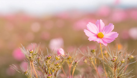 A pink flower stands prominently in the middle of a vast field, surrounded by greenery. The flowers bright color contrasts with the natural backdrop, drawing attention to its delicate petals.の素材