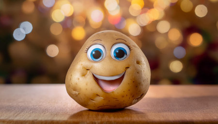 A single potato with a painted-on face, featuring big eyes and a wide smile, is positioned in the foreground of the image. The potato appears to be looking to the right of the frame. The background is a blurred out bokeh effect of warm, golden lights.の素材