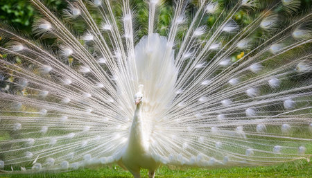 A male peacock with its tail feathers spread out in full display, showing the vibrant blue, green, and gold colors. The bird is standing on a cobblestone path in a garden setting, with lush green foliage visible in the background. The peacock appears to be displaying its feathers for a potential mate.の素材