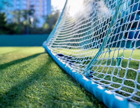 Close up image of a net on a sports field, emphasizing sports equipment, gameplay, and athletic activities.の素材
