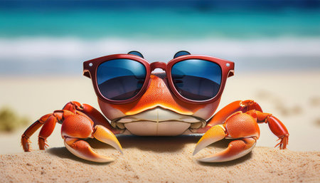 A red crab wearing sunglasses on a sandy beach, perfect for clip art. This caricatured, comic-style crab is a cool and funny addition to beach-themed projects, featuring goggles, a smile, and a playful beach setting.の素材