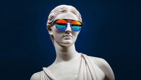 This portrait features a white sculpture adorned with colorful sunglasses, exuding a cool and funky vibe. The stylish figure is relaxed and peaceful, embodying a sense of glamor and youth. Ideal for fashion-forward or artistic themes, the sculpture's smooth, trendy appearance captures the essence of relaxation and enjoyment. Perfect for adding a touch of sophistication and fun to various creative projects.の素材