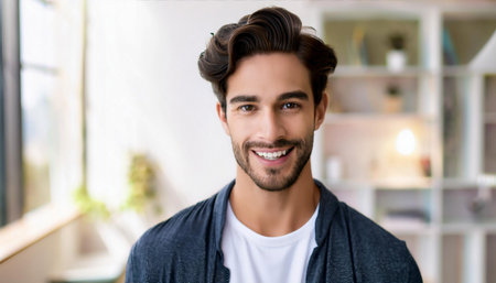 A headshot of a young adult, standing indoors, showing smooth and glowing skin. The image highlights a skincare routine with a focus on femininity, perfection, and confidence. Ideal for promoting moisturizers and wellness products, this clip art emphasizes the importance of skin hygiene and collagen for a carefree, healthy appearance.の素材