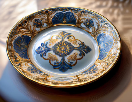Close-up illustration of a delicate porcelain plate, emphasizing its intricate patterns and smooth finish. Ideal for themes related to dining, tableware, and fine China.の素材