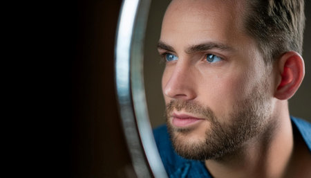 Close up image of a person looking at themselves in a mirror, representing self reflection, identity, and self awareness.の素材