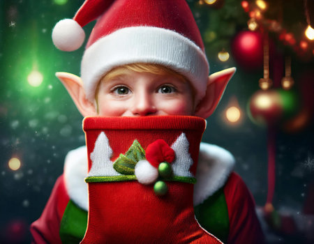 Close-up illustration of Santa's elf peeking out from a Christmas sock, highlighting the playful and whimsical elements of holiday decorations. Ideal for themes involving elves and Christmas cheer.の素材