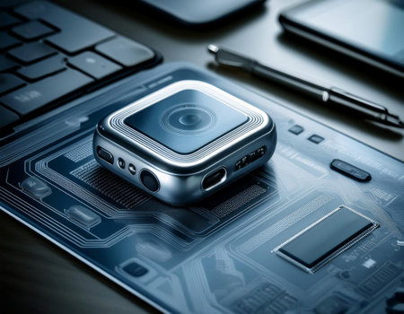Close up image of high tech gadgets on a desk, representing modern technology, innovation, and digital devices.の素材