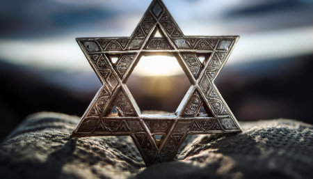 A traditional depiction of the Star of David, a prominent symbol in Jewish culture and heritage. Ideal for discussions on faith, identity, and cultural representation.の素材