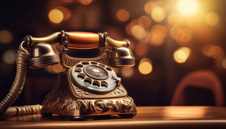 Close up image of a classic telephone on a desk, symbolizing communication, vintage technology, and connectivity.の素材