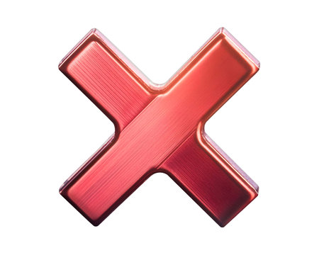 A glossy red X sign placed on a sleek black surface, creating a sharp contrast. The sign reflects light, drawing attention to its bold color and shape.の素材
