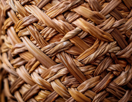Close-up illustration of a handwoven wicker basket made from natural fibers, emphasizing texture and craftsmanship. Perfect for topics related to storage, home decor, and traditional crafts.の素材