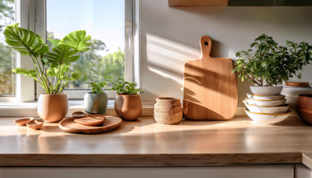 A sunlit kitchen countertop showcases a simple arrangement of natural materials, including wooden serving boards, ceramic containers, and small potted plants. The light enhances the inviting atmosphere of the space while emphasizing a clean and modern design.の素材