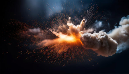A dramatic and intense image capturing smoke exploding outwards, symbolizing power, impact, and energy in motion.の素材