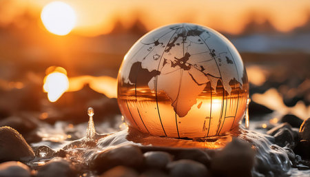 Illustration depicting the concept of global warming and climate change, featuring symbols like a melting earth, rising temperatures, and greenhouse gases. Ideal for topics related to environmental issues and sustainability.の素材