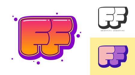 FF logo design for festival or party. Initial letter f and f in graffiti style. Creative modern lettering company name of font typography. Kids trendy logotype or identity. Vector illustration.のイラスト素材