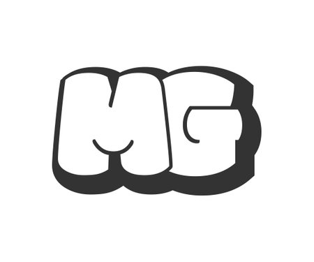 MG logo, bubble comic lettering, rounded in graffiti style black and white silhouette. Trendy preschool M and G letter text for festival party, personal initials, children funky print and web. Vector illustration.のイラスト素材