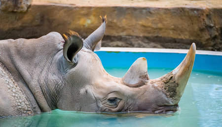 This image shows a large gray rhinoceros relaxing in a pool of water at a zoo on a sunny day. The rhinoceros is lying on its side with its head submerged in the water. The water is clear and reflects the sunlight. There are green plants growing around the pool. The rhinoceros is a large and powerful animal, but it looks peaceful and relaxed in the water.の素材