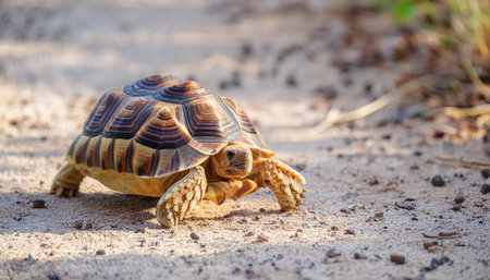 A leopard tortoise walks on a sandy path, its shell patterned with dark brown and yellow markings. The tortoise is in the shade of a tree, casting a long shadow on the ground. The sun is shining brightly, illuminating the scene.の素材