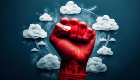 Illustration depicting the concept of anger and emotional reactions, featuring symbols like a clenched fist, red face, and storm clouds, symbolizing intense emotions, frustration, and conflict. Ideal for topics related to emotional health, conflict resolution, and psychology.の素材
