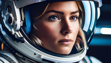 A close-up, horizontal headshot of an astronaut indoors, featuring detailed helmet reflections. This serious and contemplative image embodies aspirations and the spirit of exploration and discovery in a futuristic context.の素材