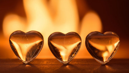 A close-up of three glass hearts, each with a different color, illuminated by a warm orange flame. The hearts are set on a surface covered in iridescent glitter. Out of focus lights blur in the background.の素材
