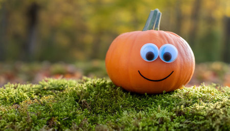 A single pumpkin with a painted smiley face and large googly eyes rests on a bed of green moss in front of a blurred background of autumn foliage. The pumpkin is bright orange and the background is a muted yellow.の素材