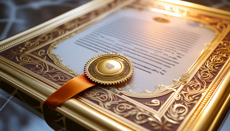 Illustration of a certificate featuring ornate borders, a gold seal, and elegant typography, symbolizing achievement, recognition, and formal acknowledgment. Ideal for topics related to awards, certifications, and achievements.の素材