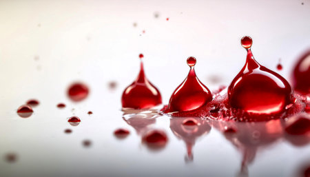 Close up image of blood drops on a white surface, symbolizing health, life, and medicine.の素材