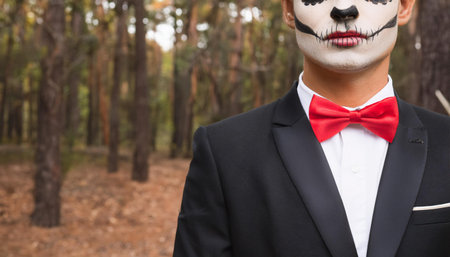 A young man in a black suit and red bowtie stands in a forest, grinning with a wide, toothy smile and wearing dramatic Halloween makeup that includes white foundation, black eyeliner, and red lipstick.の素材