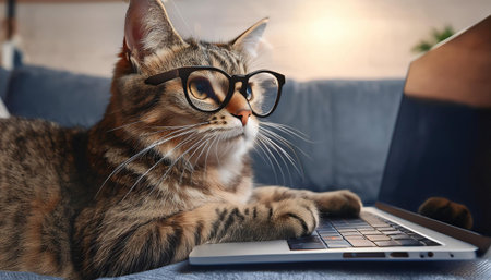 A humorous image of a cat wearing glasses while using a laptop on a sofa. This playful shot captures the cat's intelligence and curiosity in a relaxed indoor setting, perfect for adding a touch of fun to tech and pet themes.の素材