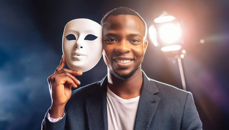 Illustration representing the concept of an actor and performance, featuring symbols like a theater mask, a stage, and a spotlight symbolizing drama, entertainment, and talent. Perfect for topics related to acting, theater, and film.の素材