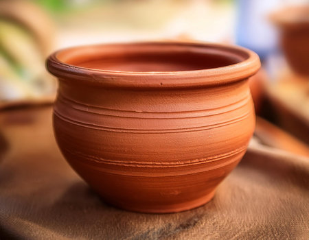 Close-up image of a clay pot with a natural finish and handmade craftsmanship, symbolizing tradition, pottery art, and home gardening.の素材