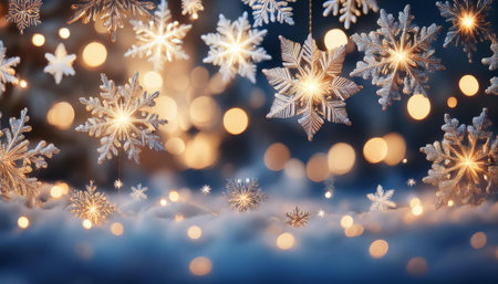 A cheerful Christmas wallpaper featuring delicate snowflakes and twinkling lights, creating a festive and cozy winter atmosphere. Ideal for holiday backgrounds and seasonal decorations.の素材