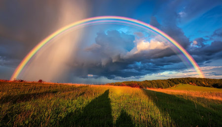 A vibrant image of colorful clouds and a rainbow in the sky after rain, capturing the beauty and freshness of the natural world.の素材