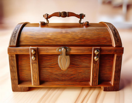 Close-up illustration of a classic cedar chest, focusing on its wood grain, craftsmanship, and functional design. Ideal for themes related to home decor, storage solutions, and traditional craftsmanship.の素材