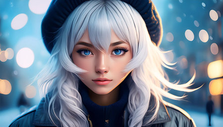 A manga-style illustration of a trendy and playful girl with a fashionable look. This horizontal image captures a young adult with a unique, stylish vibe. Her expressive emotion ranges from playful to a hint of disappointment, reflecting individuality and glamor. Perfect for social media, creative projects, and fashion inspiration.の素材