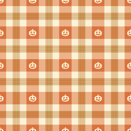 Halloween vector pattern featuring a plaid check design with pumpkins, spooky ghosts, and scary ornaments. This repeating autumn background is perfect for textile, fabric, and material prints, adding a touch of fear to party decor, greeting cards, posters, or tiled wallpapers with a unique seasonal style.のイラスト素材