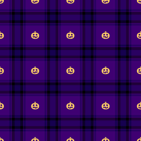 Halloween vector pattern featuring a plaid check design with pumpkins, spooky ghosts, and scary ornaments. This repeating autumn background is perfect for textile, fabric, and material prints, adding a touch of fear to party decor, greeting cards, posters, or tiled wallpapers with a unique seasonal style.のイラスト素材