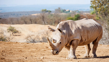 A white rhinoceros stands on a sandy surface, shaded by a leafy tree in a zoo enclosure. The rhinoceros is facing left with its horn visible, and the enclosure features wooden poles and fencing.の素材