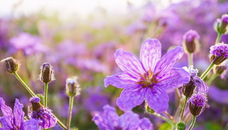 A vibrant purple flower stands out in the midst of a green field, surrounded by grass and under a clear blue sky on a sunny day.の素材
