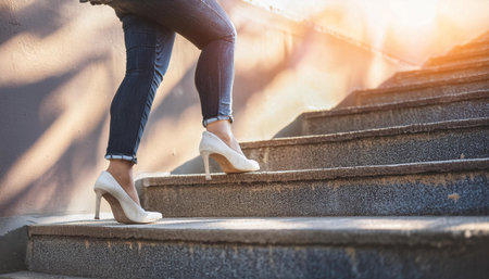 Close up image of a person taking a step on a staircase, symbolizing progress, movement, and action.の素材